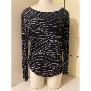 Black‎ Long Sleeve Top with White Abstract Print, Casual Everyday Shirt